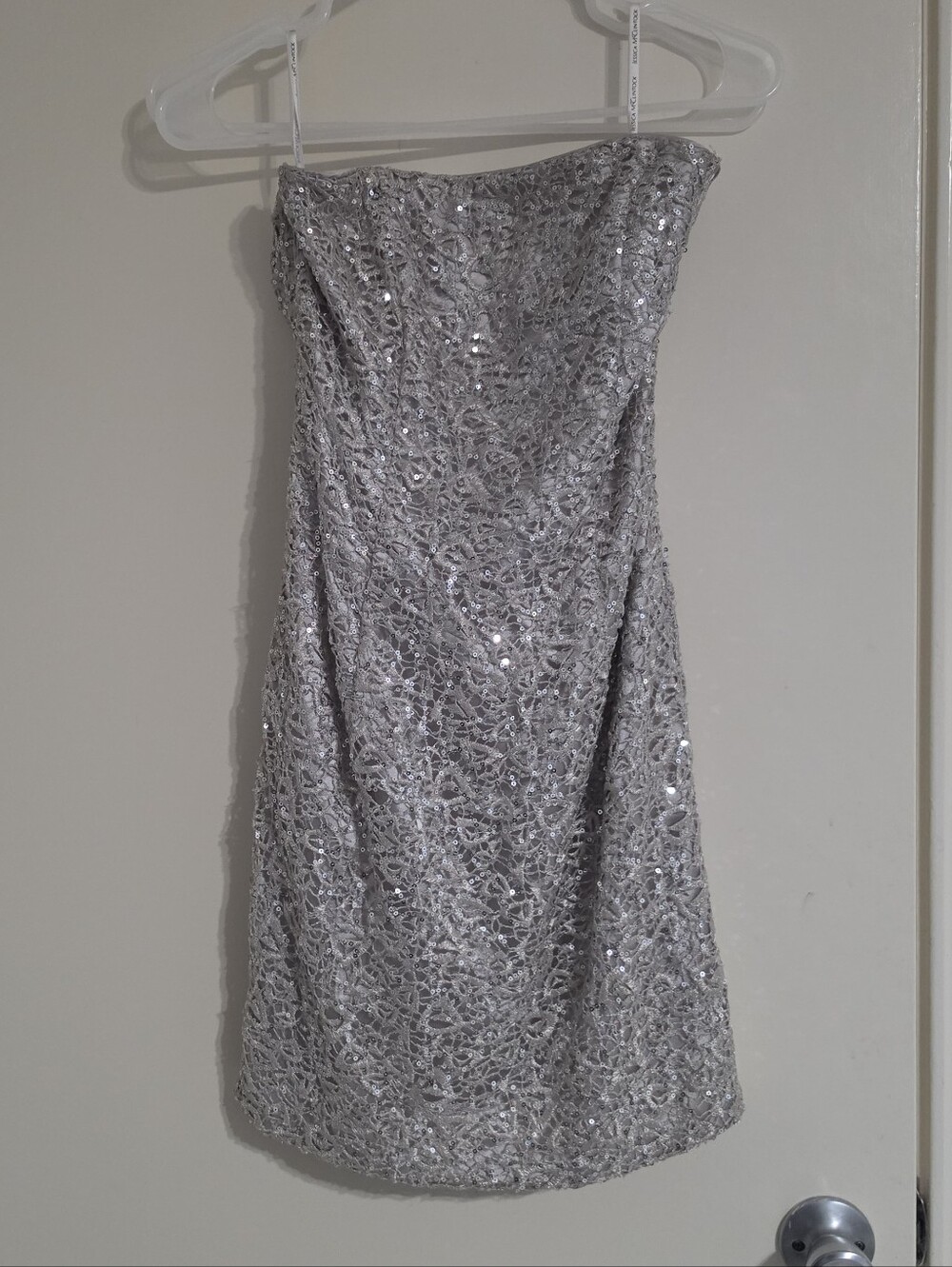 Jessica McClintock Vintage 90s Silver Strapless Sequin Lace Dress